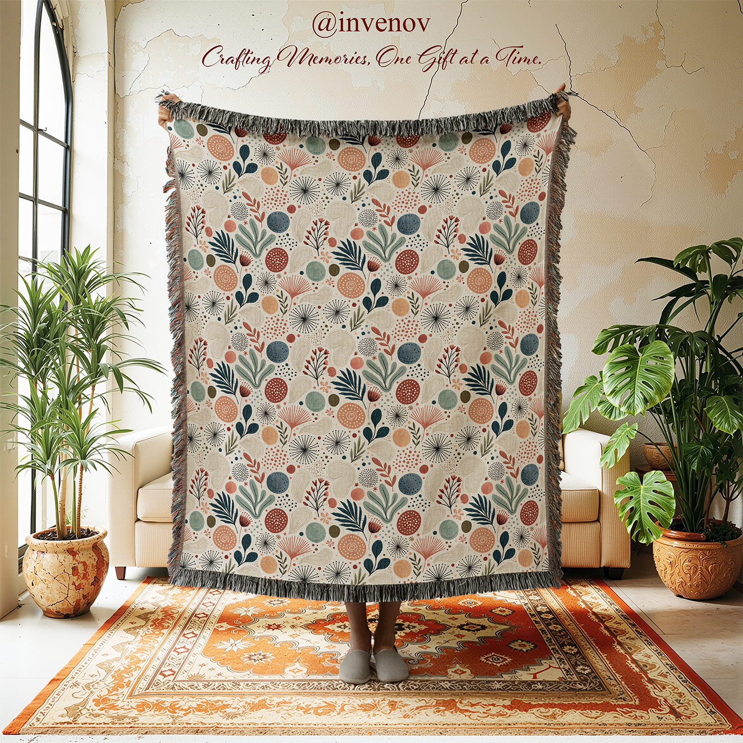 Decorative floral-patterned throw blanket in a room with plants and furniture.