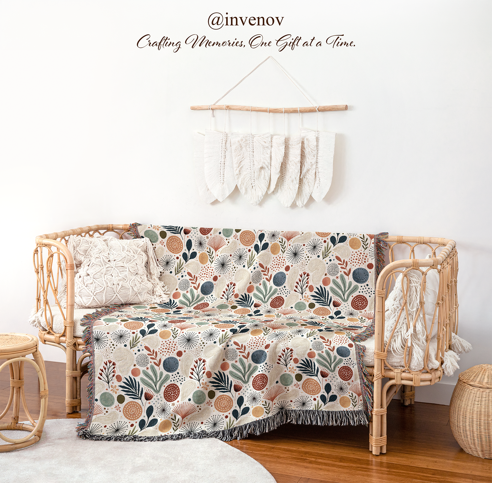 Floral-patterned blanket draped over a wicker chair 