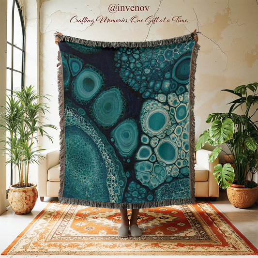 woven blanket with blue abstract designs