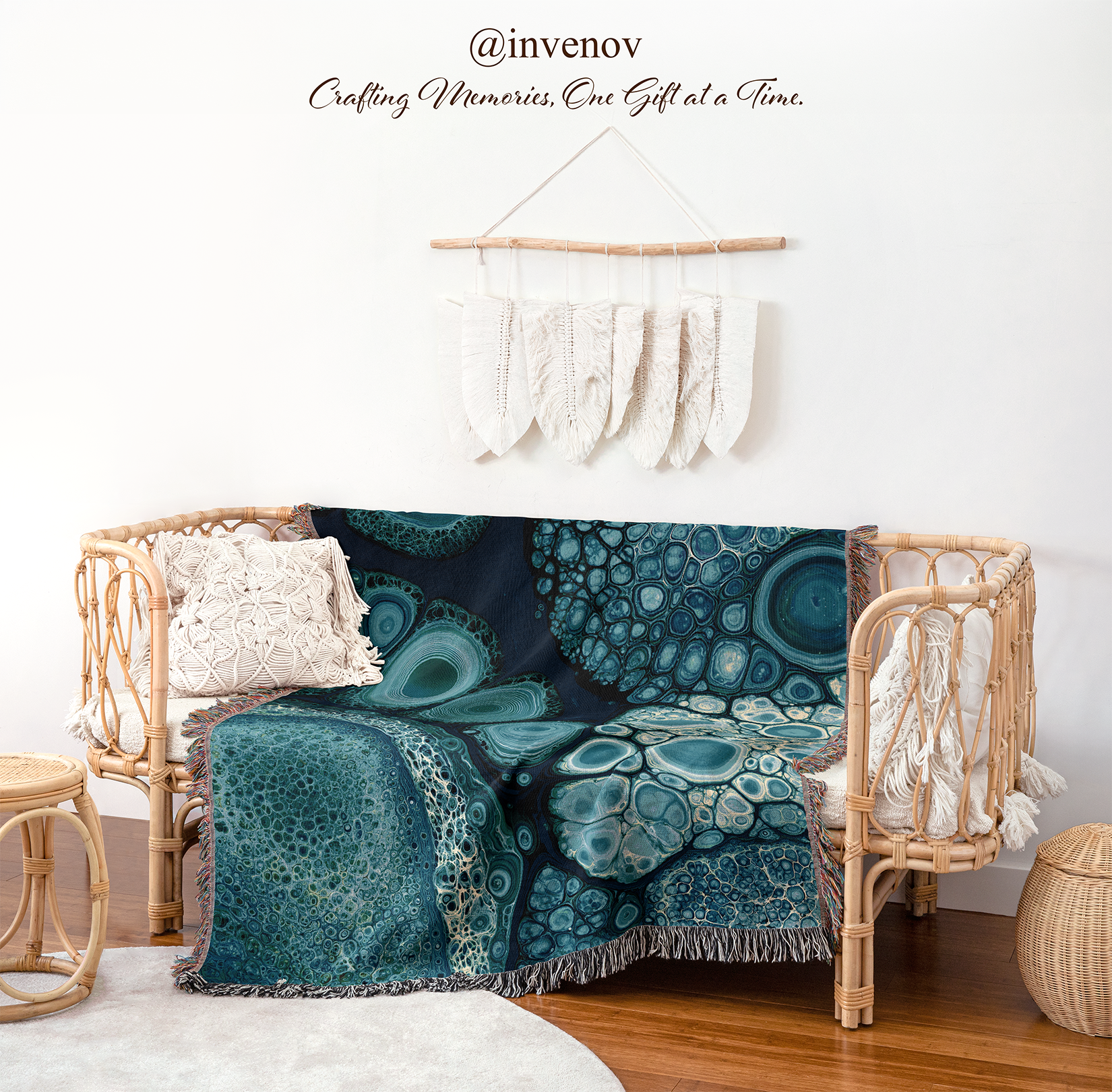 woven blanket with blue abstract designs
