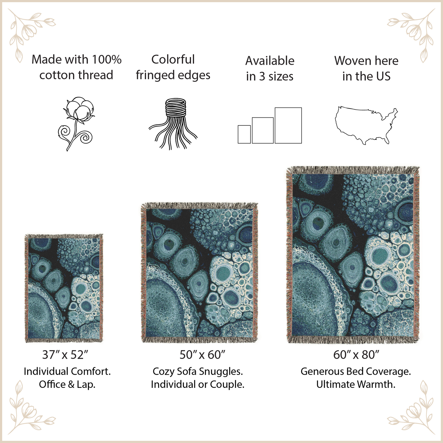 woven blanket with blue abstract designs with size option and features