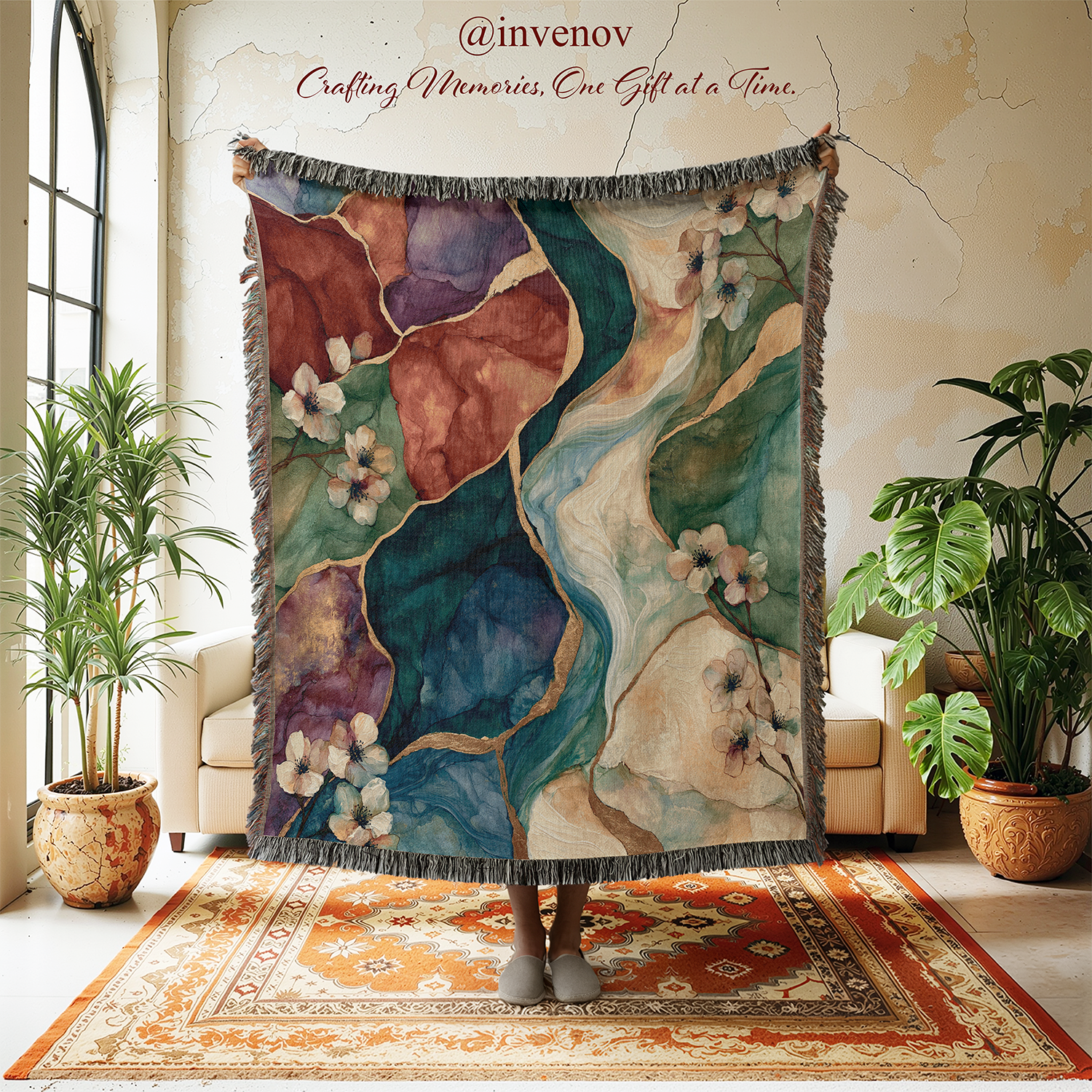 A large fringed throw blanket with an abstract watercolor-style floral pattern in teal, blue, green, mauve, and cream is held up in a bright living room. A person's feet are visible at the bottom, and the room features potted plants, a beige sofa, and a patterned rug.