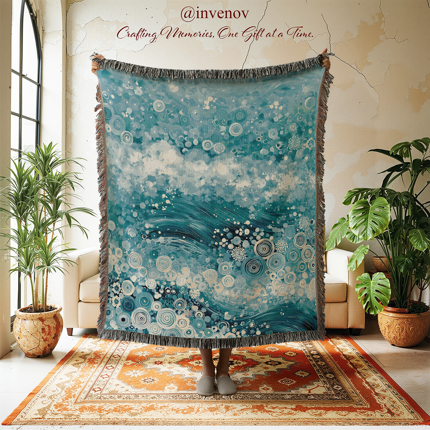 A large woven throw blanket with fringe is held up in a styled room. The blanket features an abstract ocean wave design in shades of teal, blue, and white, with circular patterns.