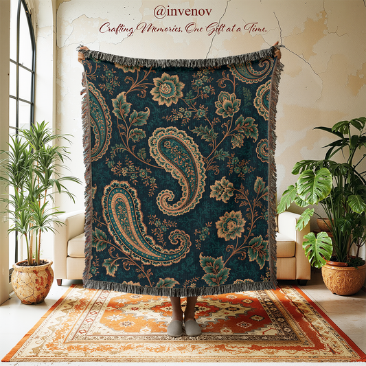 A large woven throw blanket with a dark teal paisley and floral pattern is held up by a person standing on a patterned area rug in a styled room. The blanket features fringed edges and is displayed against a rustic beige wall with potted plants and cream-colored armchairs.