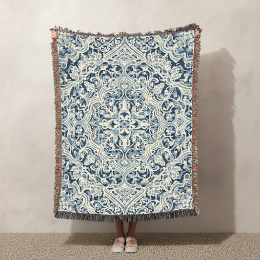 Ornate Blue Persian Style Woven Blanket, Vintage Damask Style Tapestry Wall Hanging, Pattern Decor Throw, Cottagecore Gift
