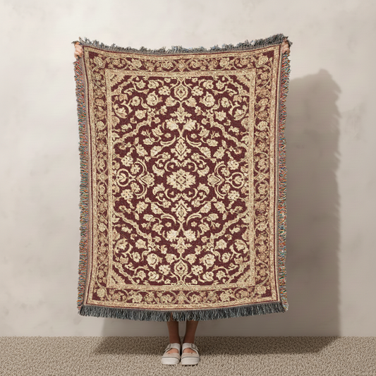 Red and Cream Woven Blanket, Persian Style Tapestry, Middle East Style Jacquard Throw, Ornate Royalcore Vintage Style Effect Damask Decor