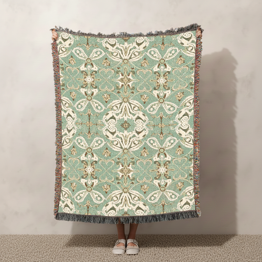 Sage Green Persian Style Woven Blanket, Vintage Style Ornate Tapestry, Decor Throw Jacquard, Cottagecore Wall Art, Sofa Bed Cover