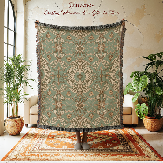 Decorative tapestry with intricate patterns in a room with plants and furniture.