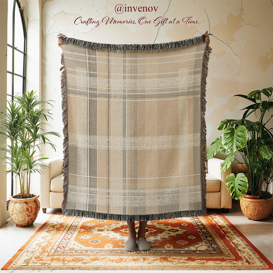 Plaid blanket in a room with plants and a rug.