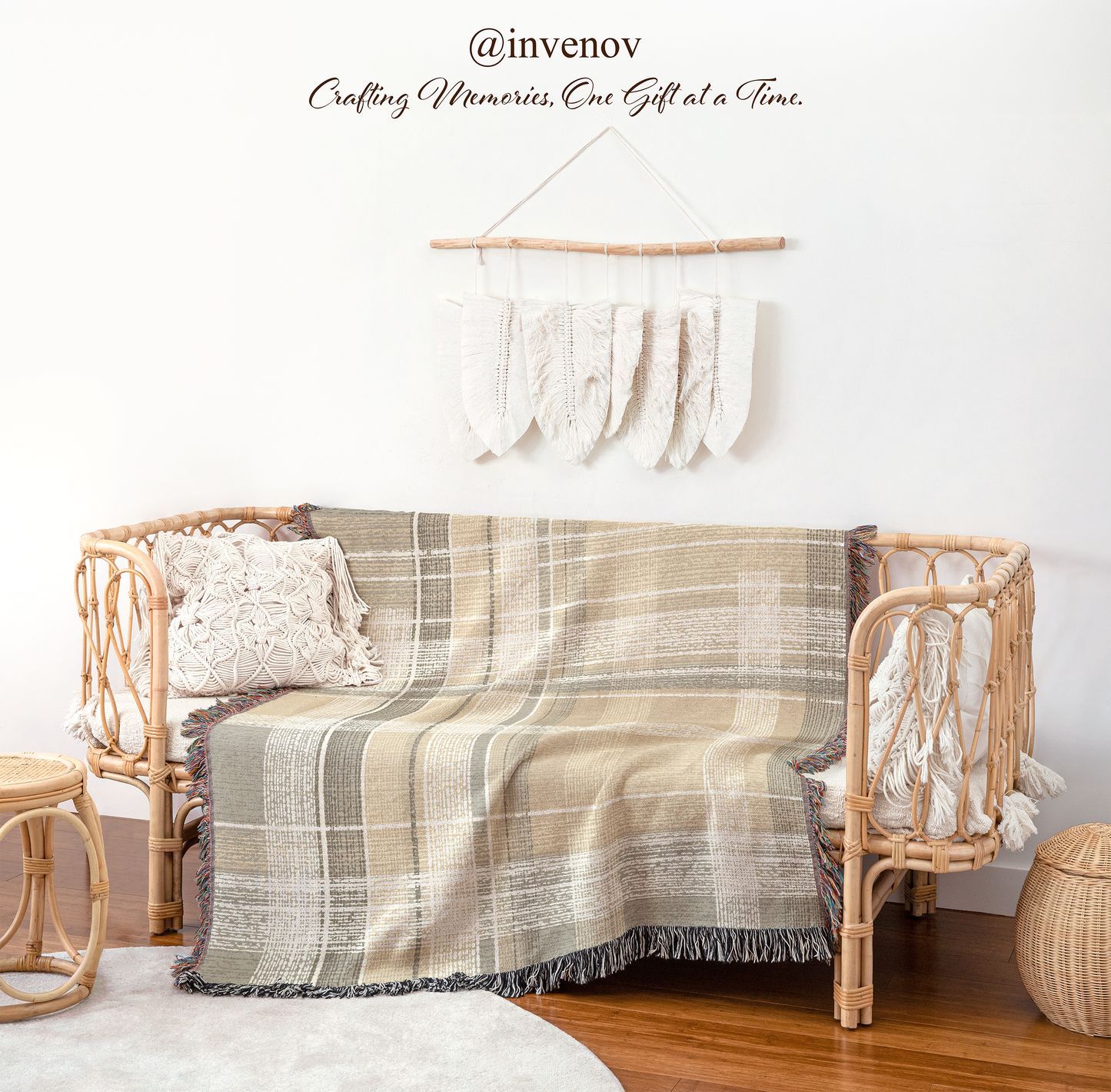 Woven blanket draped over a wicker chair 