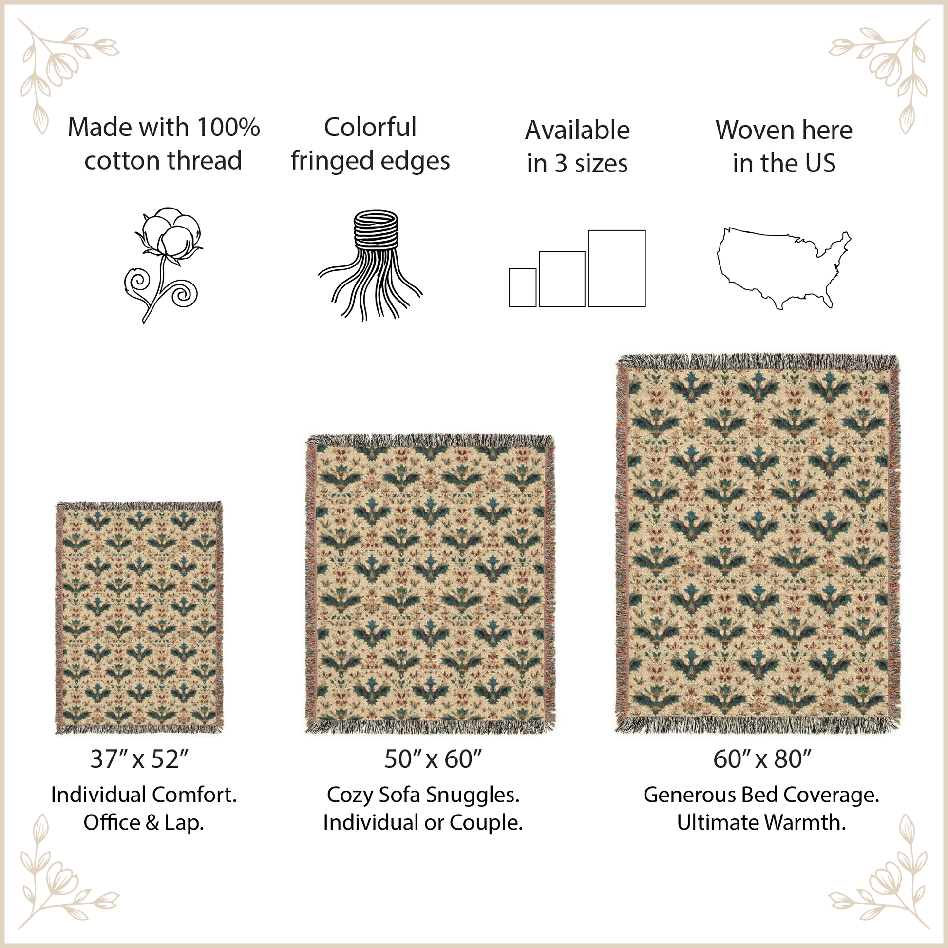 Blanket with floral pattern and size information on a beige background