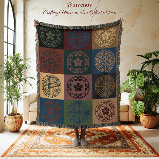 Traditional Asian Pattern Woven Blanket, Zen Lotus Mandala Throw, Oriental Patchwork Tapestry, Chinese Style Decor, Meditation Room Gift