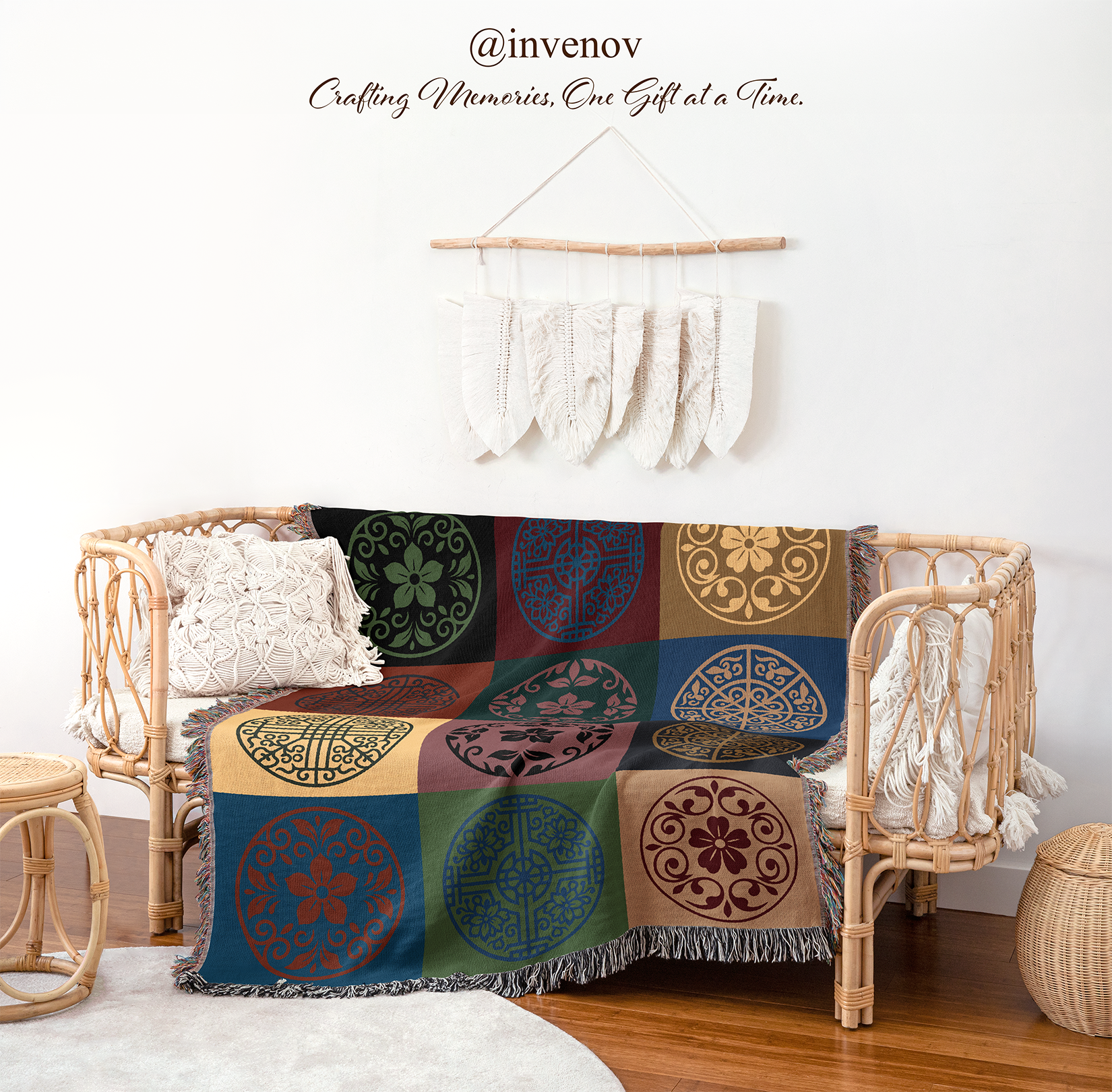 Colorful patterned throw blanket draped over a chair with a white wall and decorative items in the background.