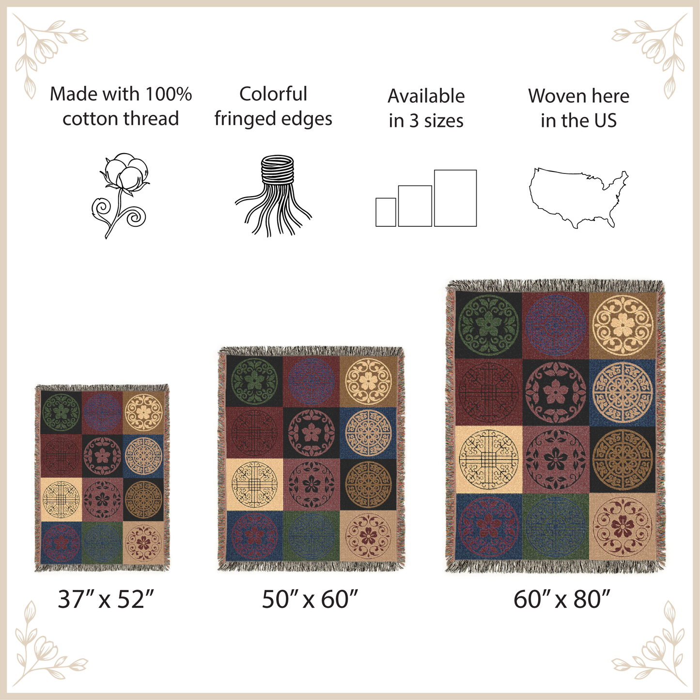 Traditional Asian Pattern Woven Blanket, Zen Lotus Mandala Throw, Oriental Patchwork Tapestry, Chinese Style Decor, Meditation Room Gift