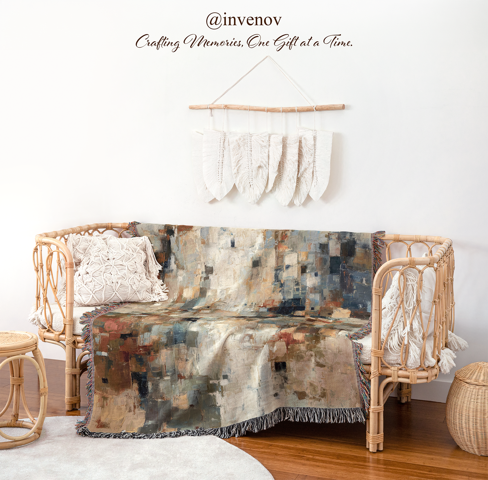 Decorative blanket draped over a wicker chair with a white wall