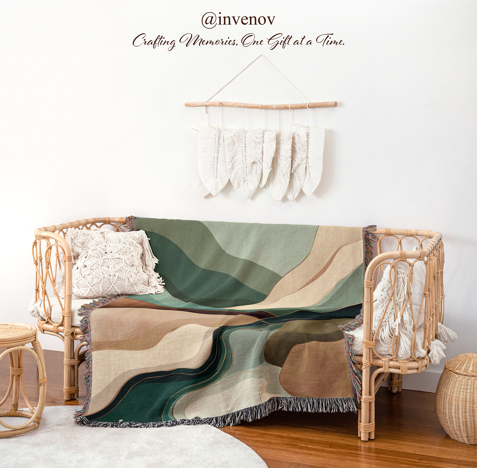 Colorful blanket draped over a wicker chair with a decorative wall hanging in the background