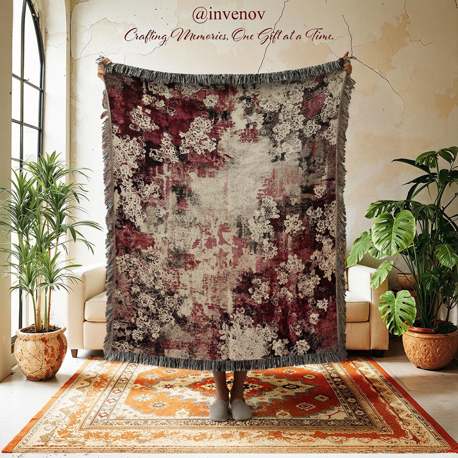 Woven blanket and red abstract graphic