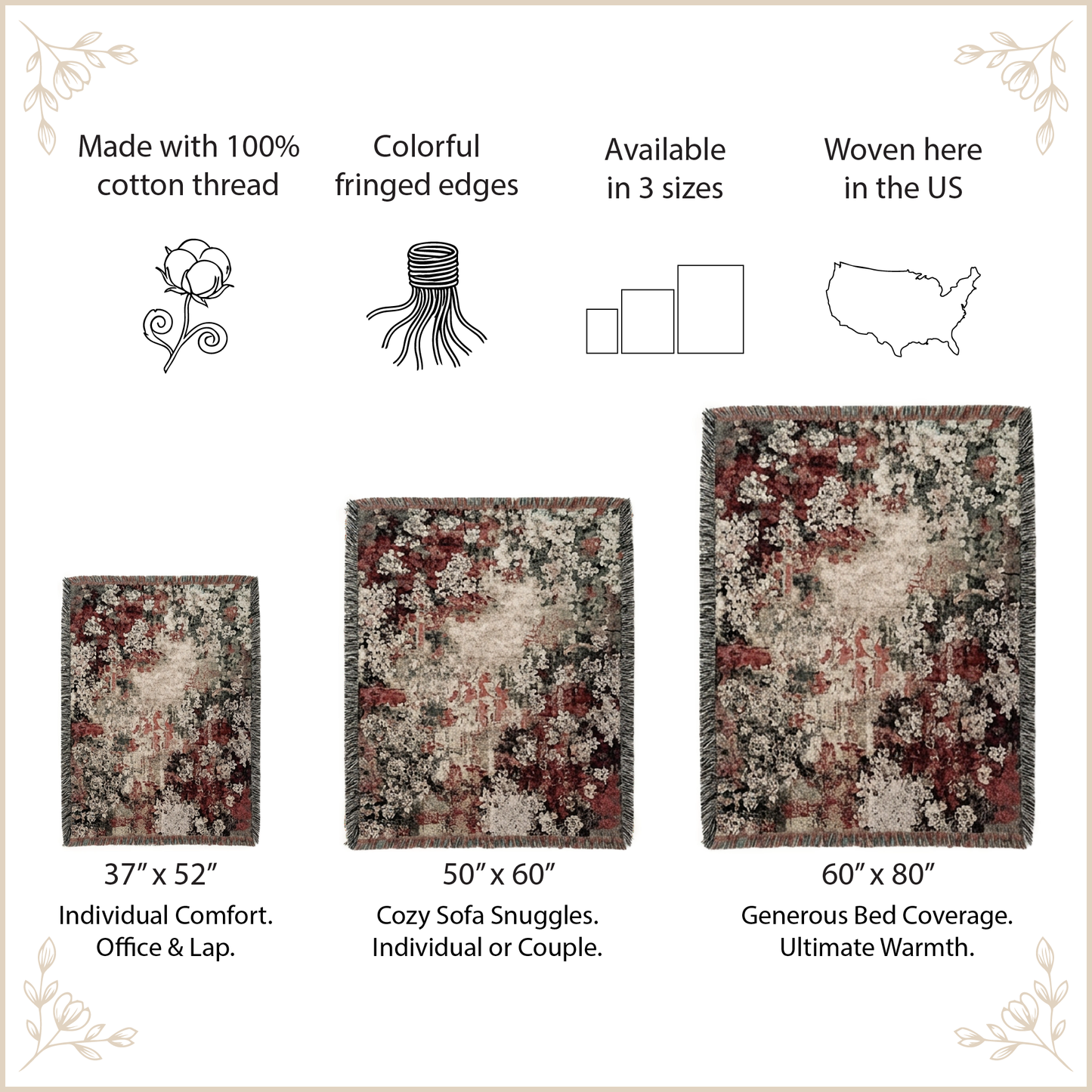 Burgundy Floral Woven Blanket, Moody Botanical Tapestry, Vintage Flower Wall Hanging, Dark Academia Decor, Cozy Cotton Throw, 100% Cotton