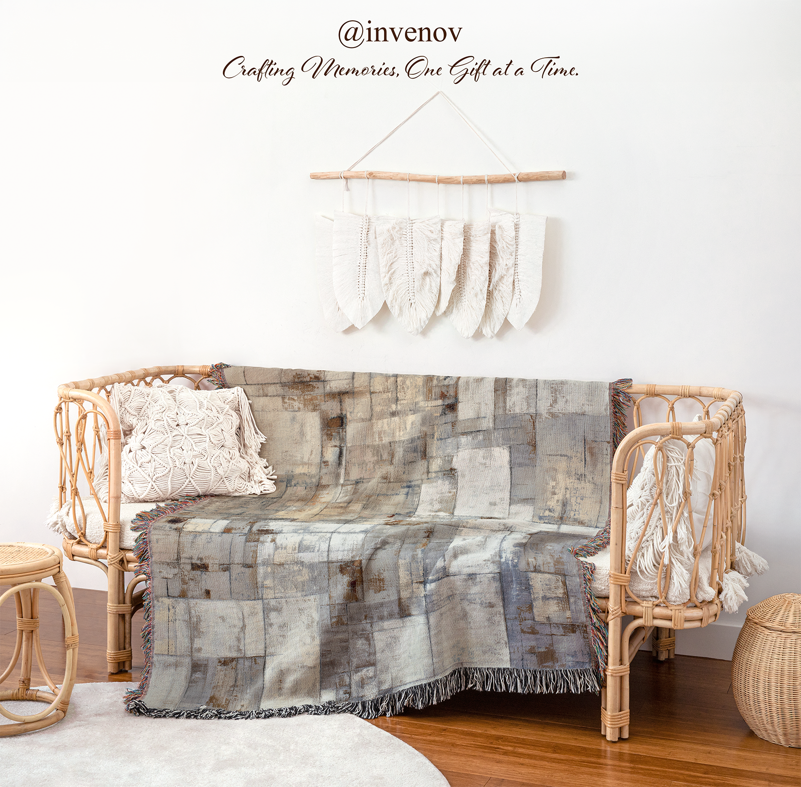 Woven chair with a textured blanket draped over it