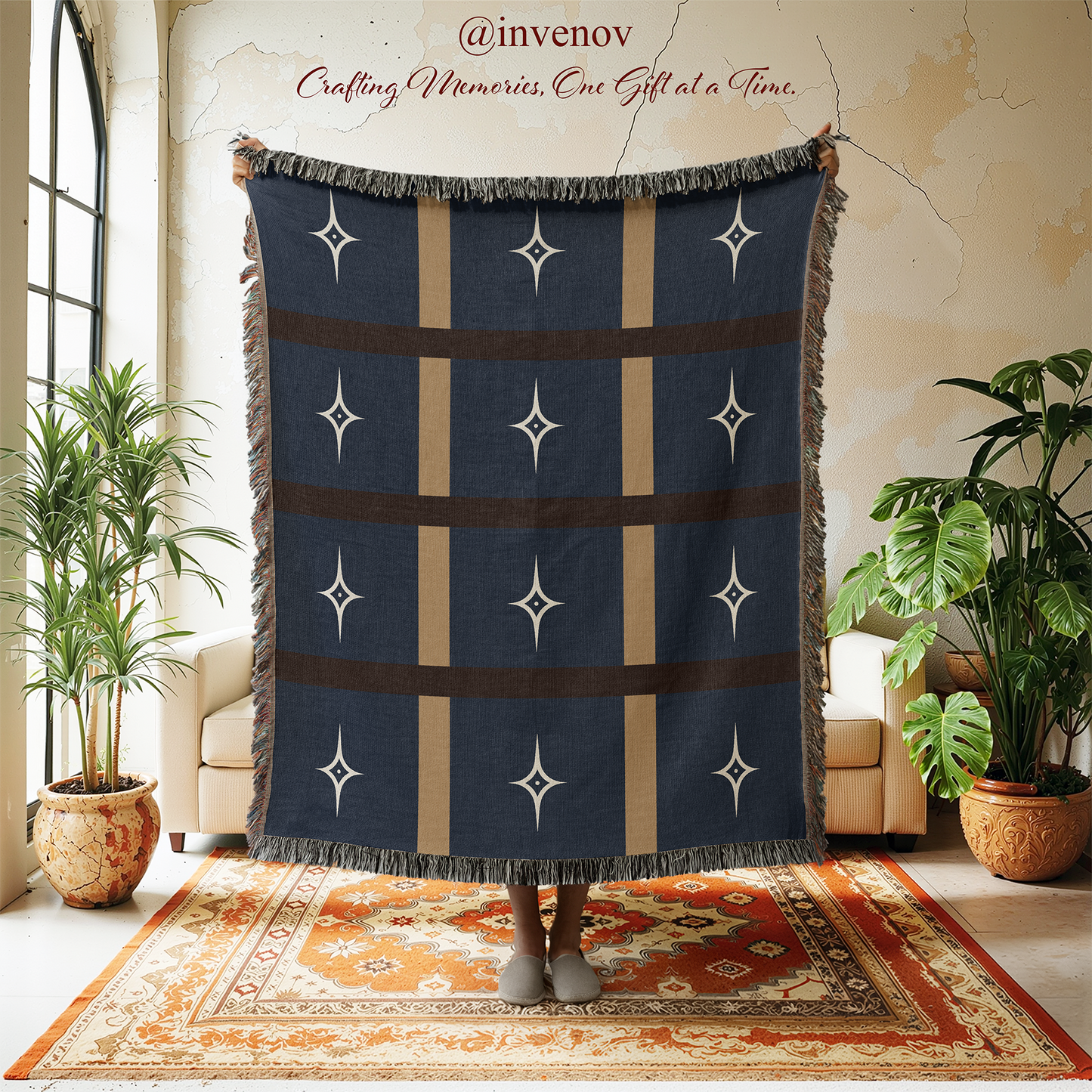 Navy blue blanket with star patterns draped over a person in a room with plants and a rug.