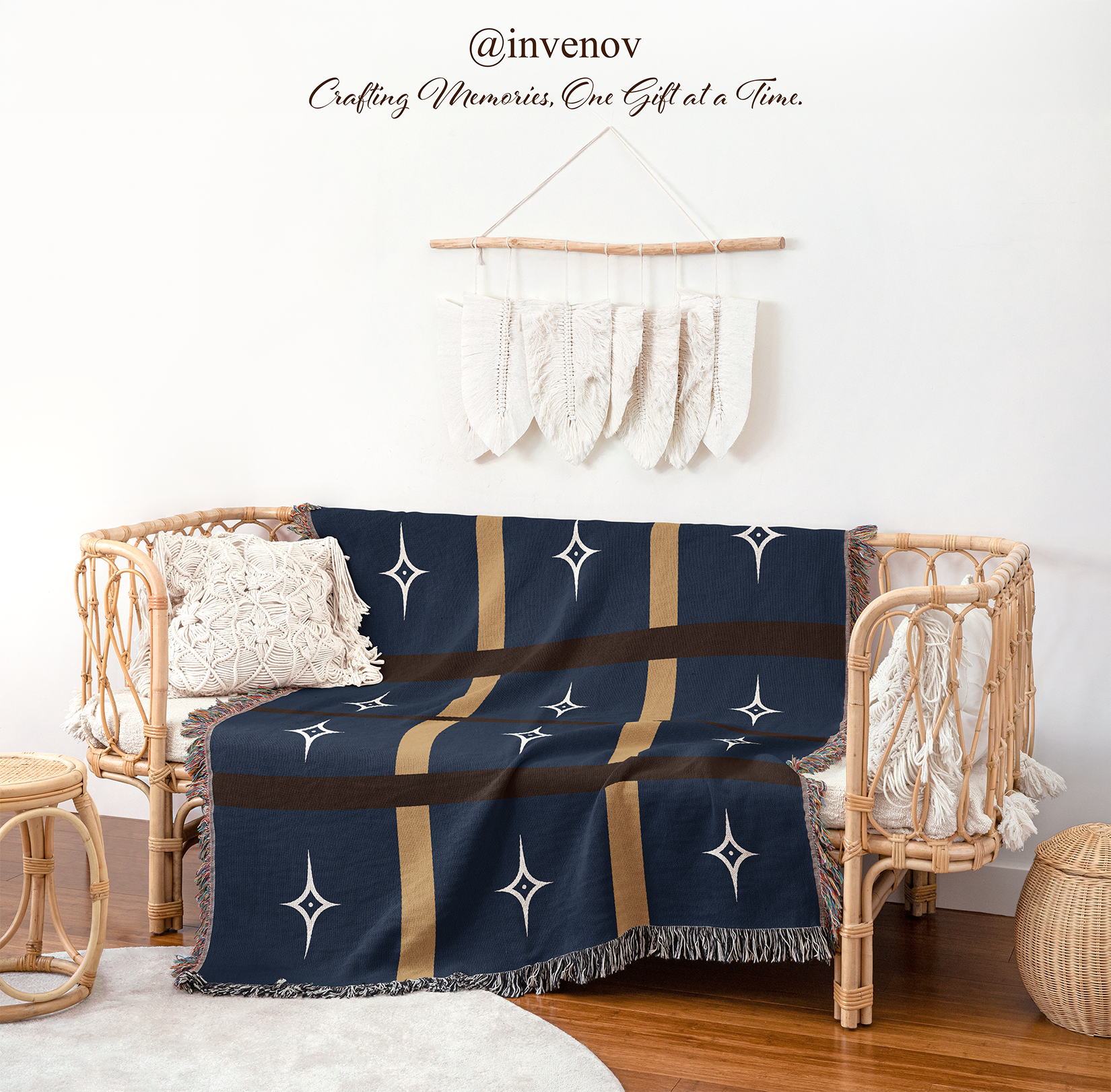 Navy blue blanket with star patterns draped over a wicker chair