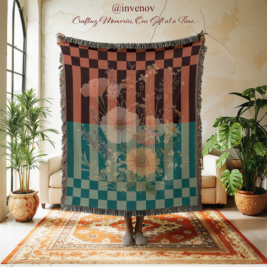 Floral Checkerboard Woven Blanket, Retro Glitch Art Throw, Rust Orange Sage Green Tapestry, Maximalist Eclectic Decor, Cool Trendy Gift
