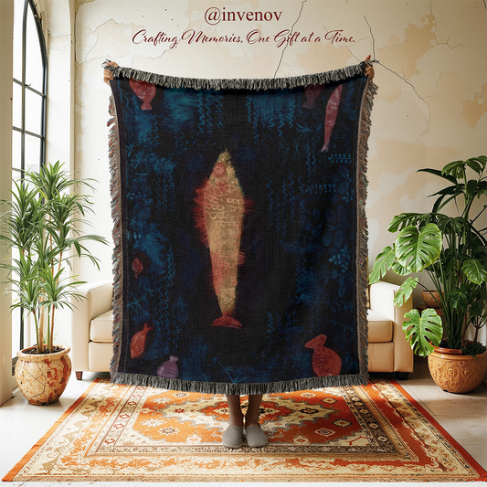 Person holding a dark blue patterned blanket in a room with plants and furniture.