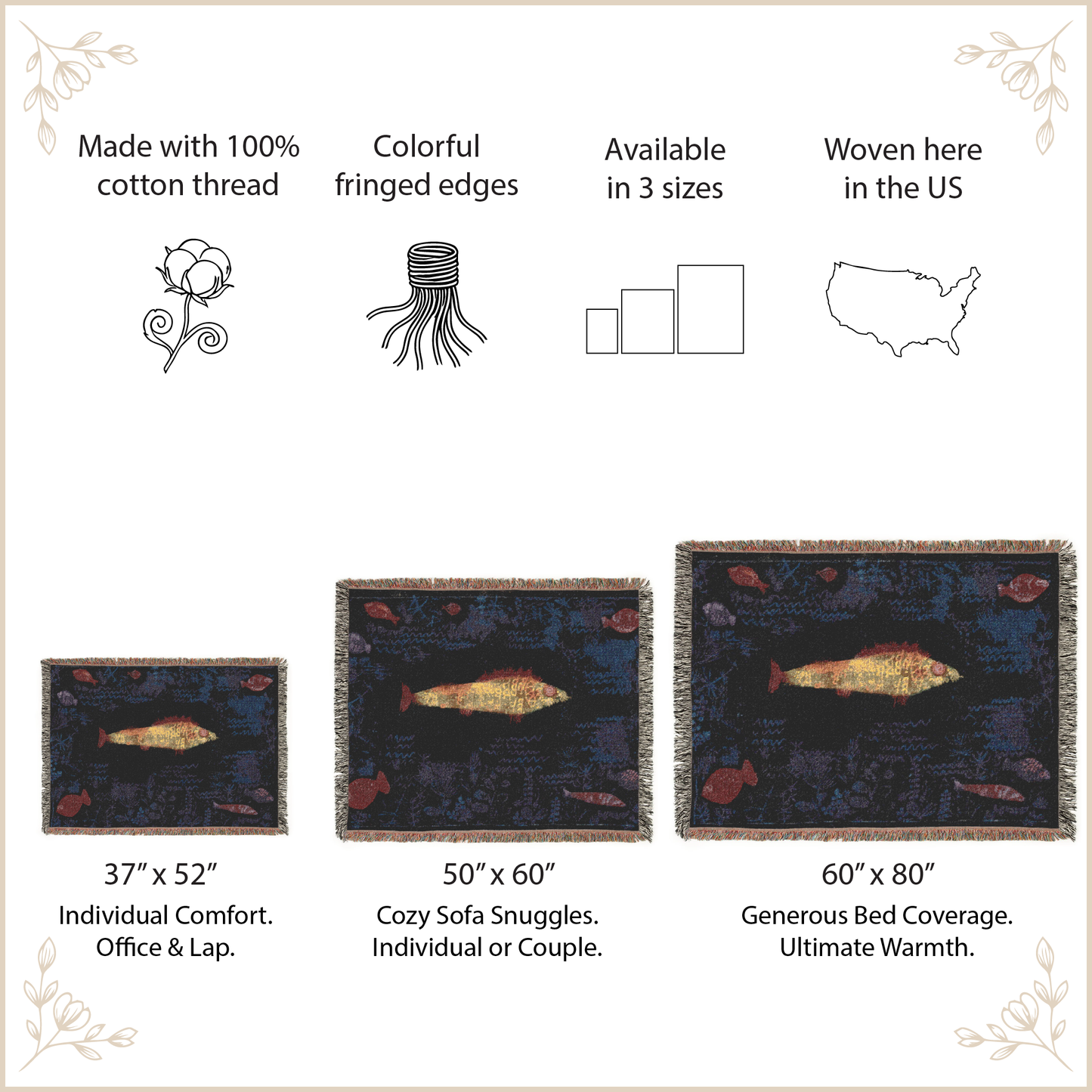 Woven blanket with fish design, size options, and features listed on a white background.