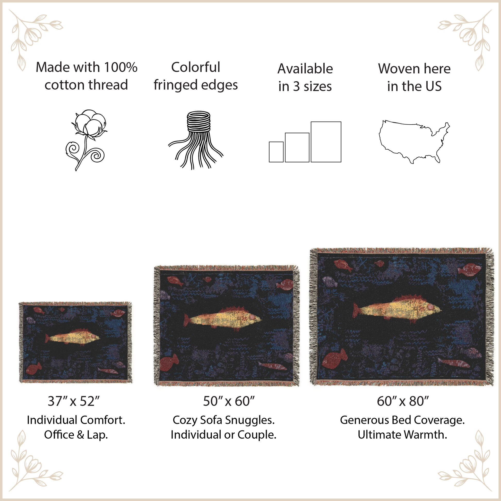 Woven blanket with fish design, size options, and features listed on a white background.