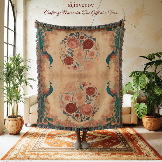 Decorative blanket with floral and peacock design in a room with plants and furniture.