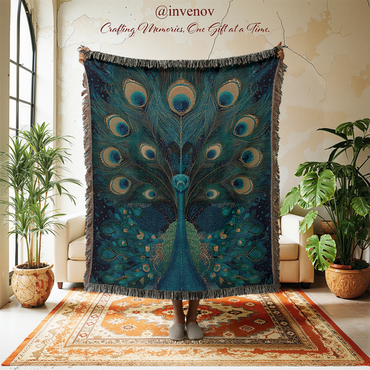 Peacock patterned throw blanket displayed in a room with plants and furniture.