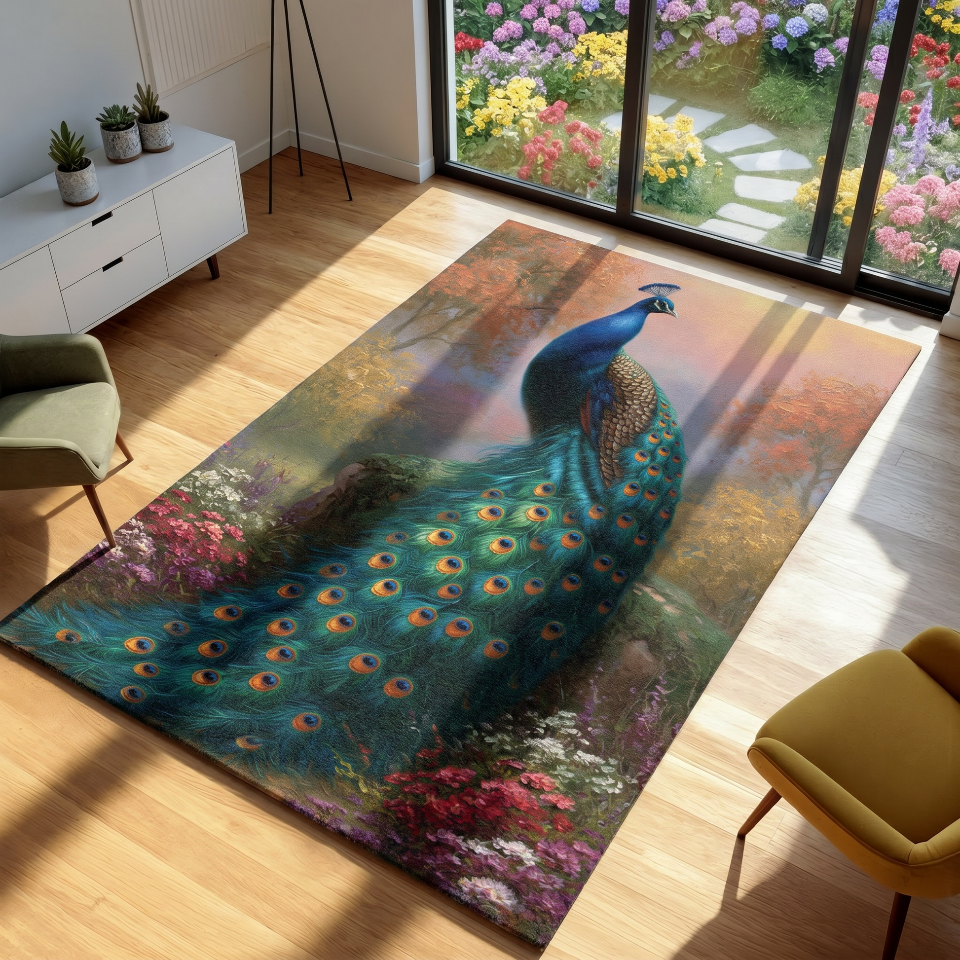 Decorative rug with a peacock design in a room with furniture and a garden view.