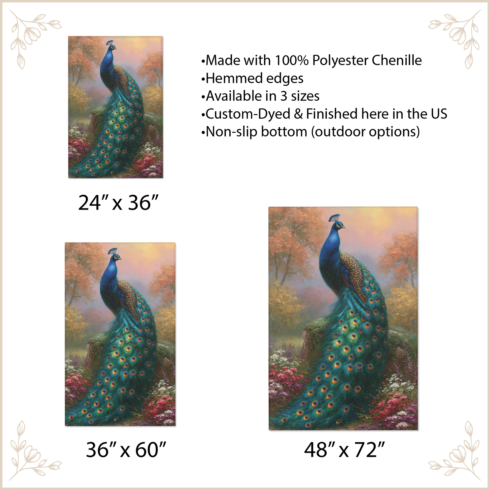 Peacock area rug with size options and product details on a beige background