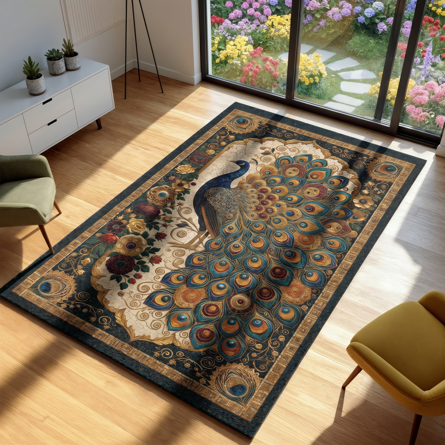 Decorative rug with peacock design on a wooden floor in a room with a garden view.