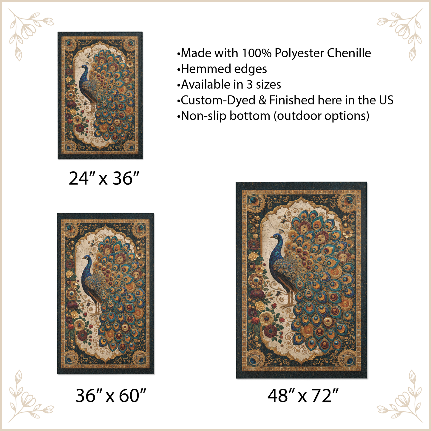 Decorative peacock rug with size options and product details on a beige background
