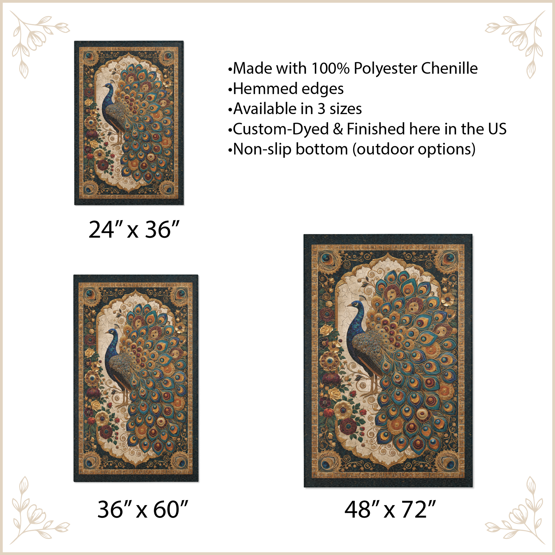 Decorative peacock rug with size options and product details on a beige background