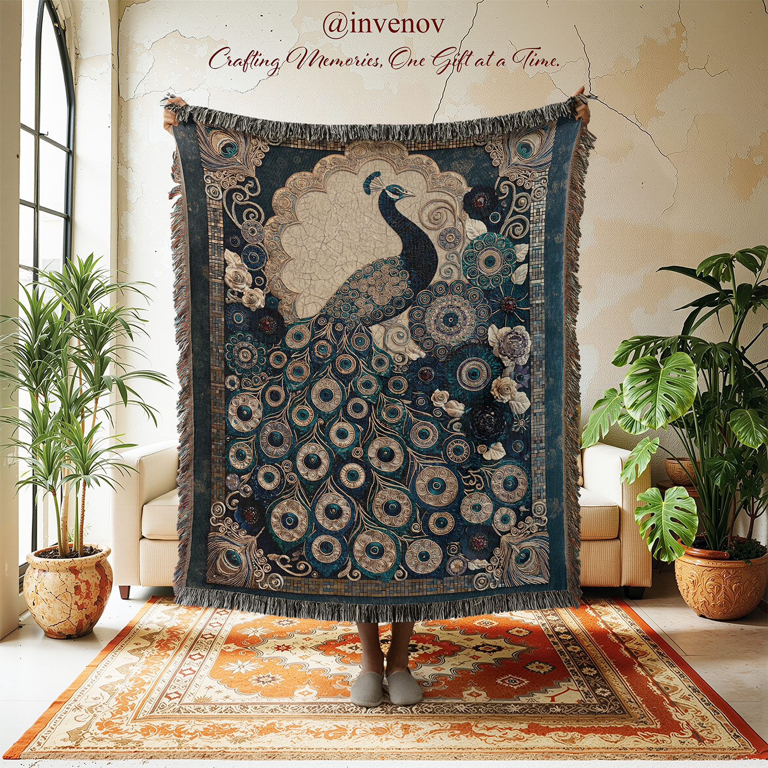 Decorative peacock tapestry in a room with plants and furniture.