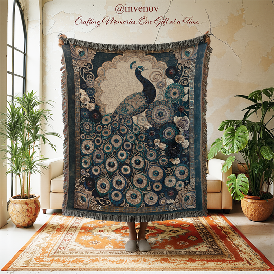 Decorative peacock tapestry in a room with plants and furniture.