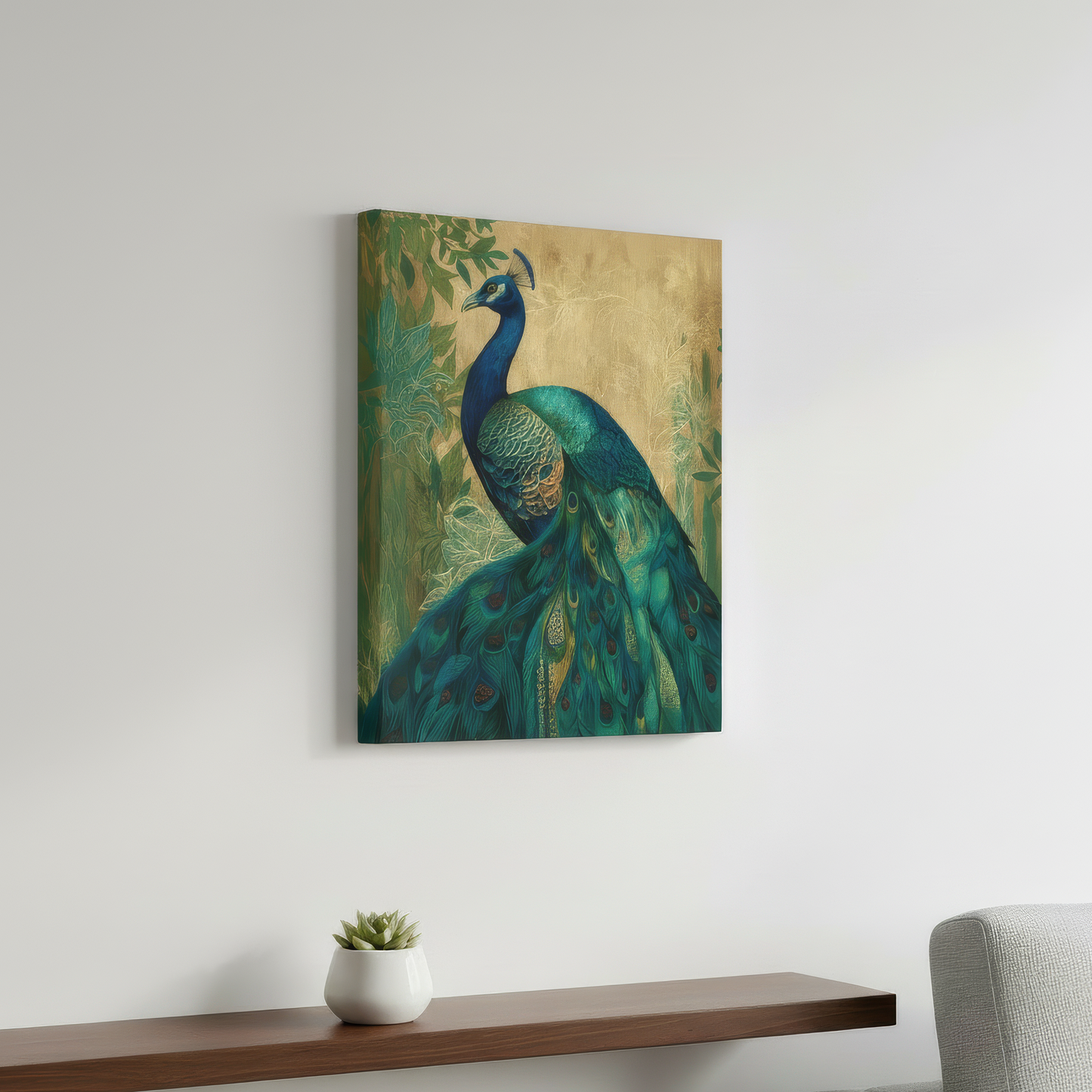 Canvas print of a peacock on a wall above a wooden shelf with a plant and gray chair.