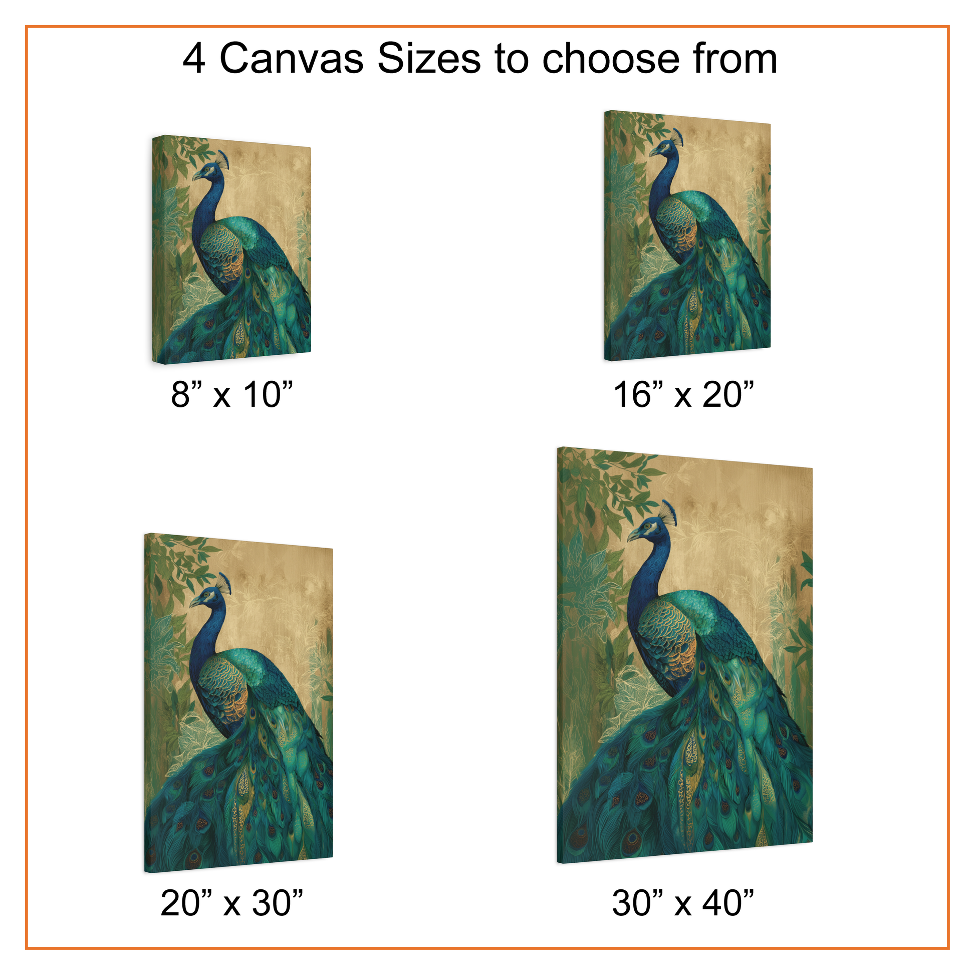 Canvas prints of a peacock in various sizes with dimensions displayed.