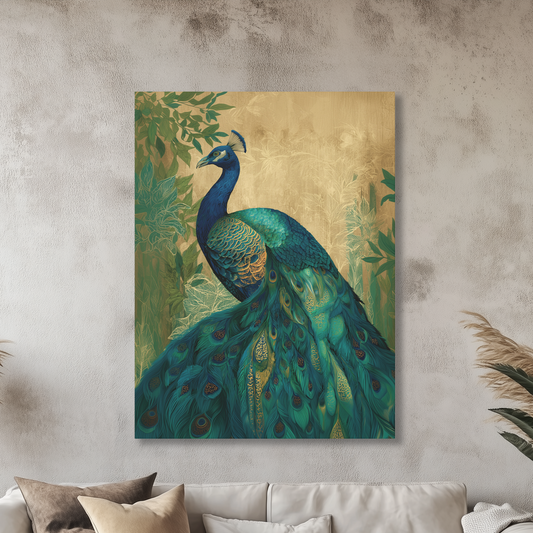 Peacock Canvas Art Print, Matte Canvas, Nature Inspired Home Decor, Elegant Wall Art, Luxury Office Decor, Emerald Turquoise Gold Feathers