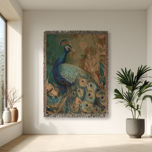Peacock Woven Blanket, Luxurious Vintage Style Home Decor, Colorful Fringed Throw Sofa Bed Wall Art, Nature Elegance Warmth Blanket
