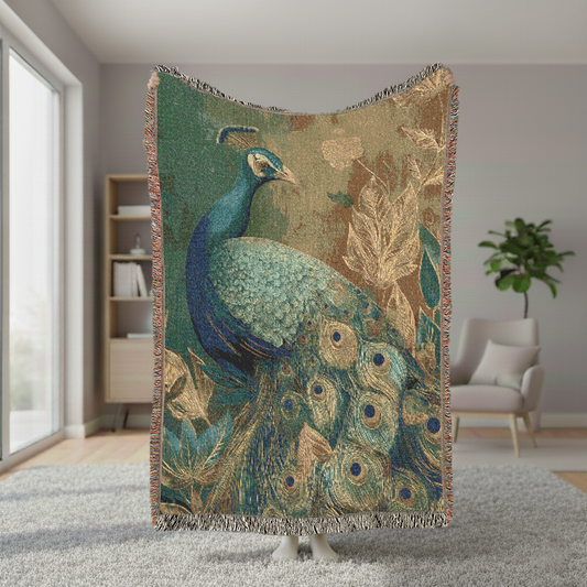 Peacock Woven Blanket, Vintage Style Tapestry, Maximalist Bird Throw, Chinoiserie Jacquard Art, Botanical Decor, Housewarming Gift