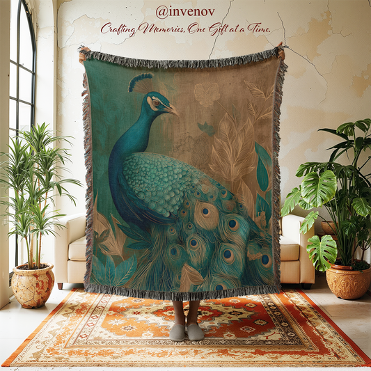 Peacock-themed blanket draped over a person in a room with plants and a rug.