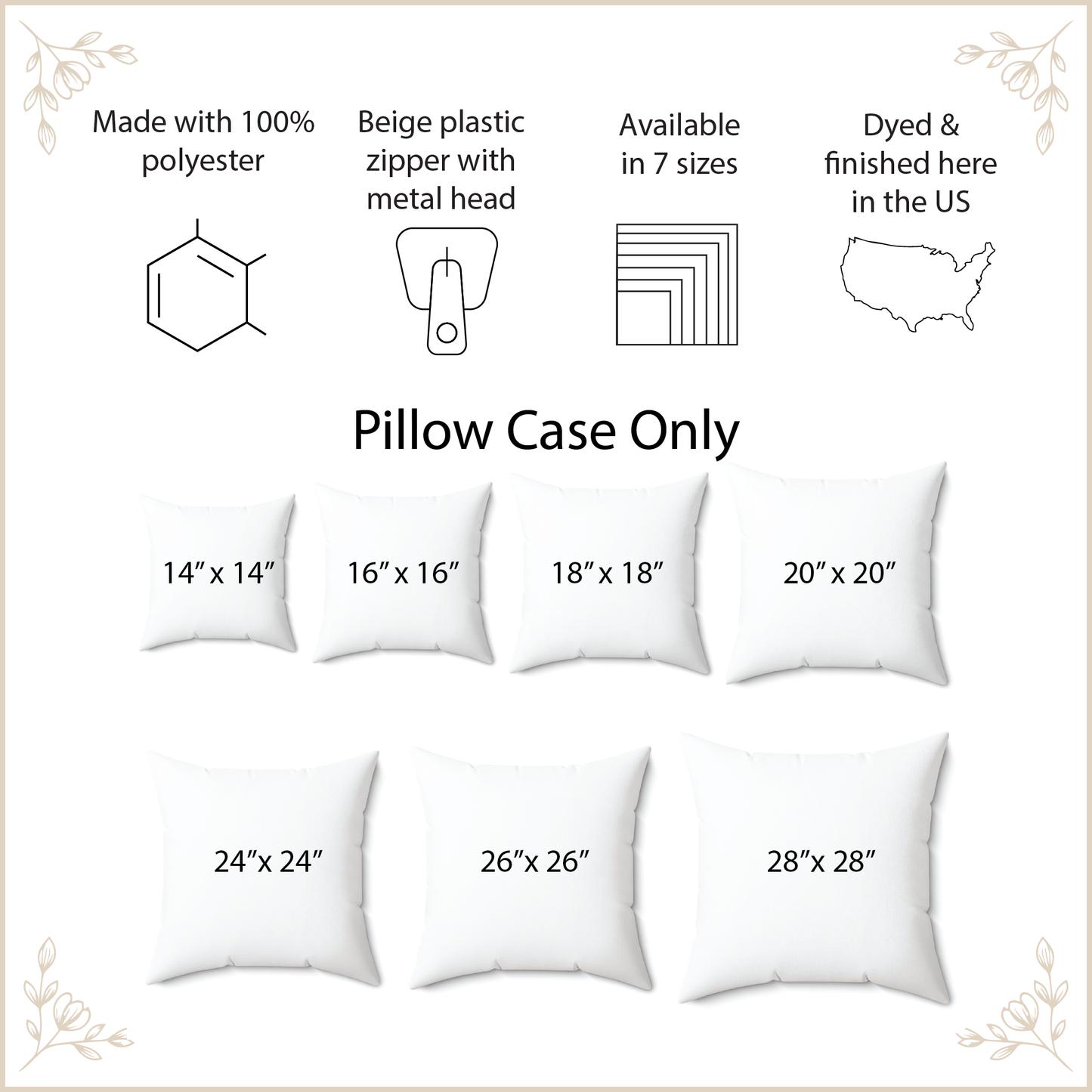 White pillow cases of various sizes with specifications on a beige background
