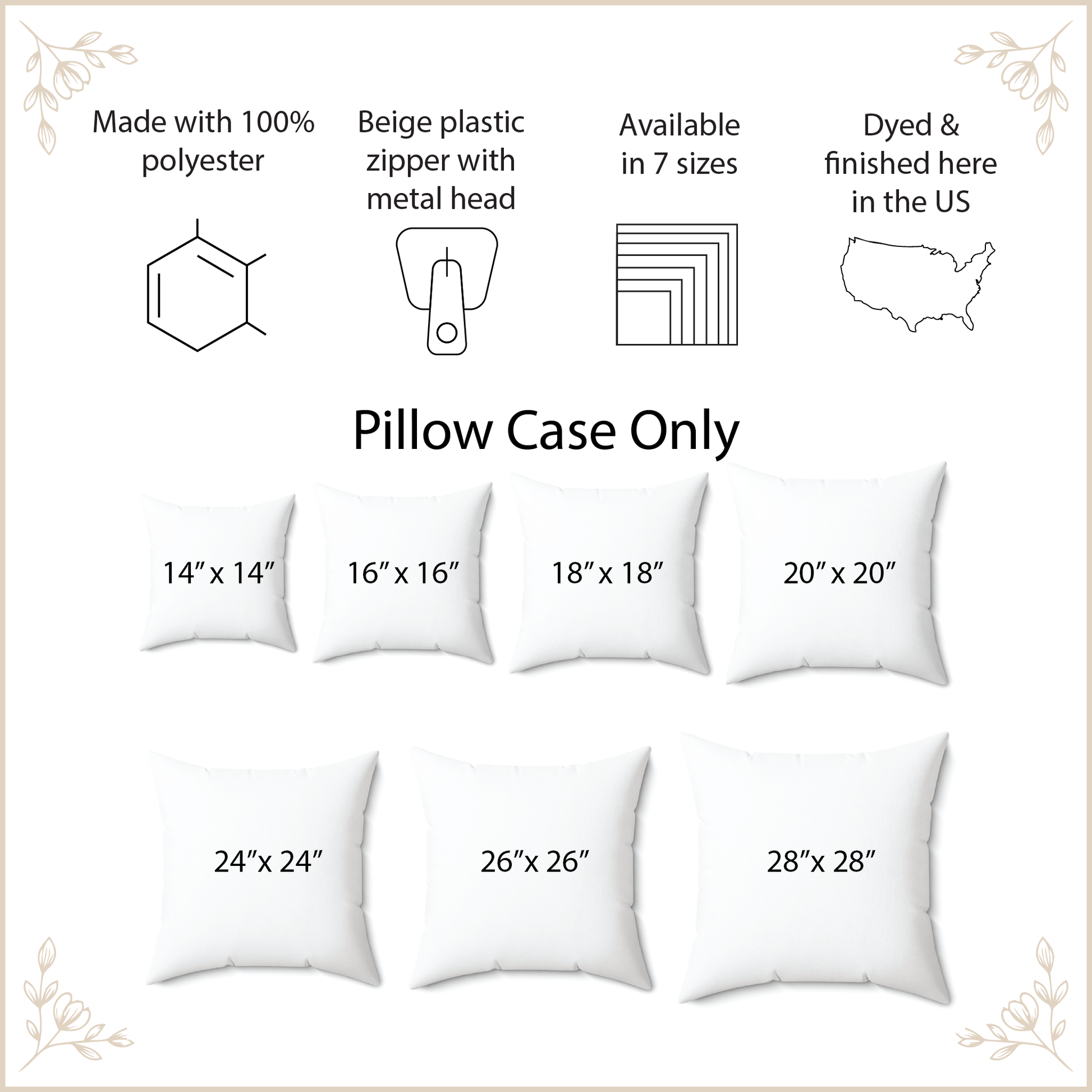 White pillow cases of various sizes with specifications on a beige background