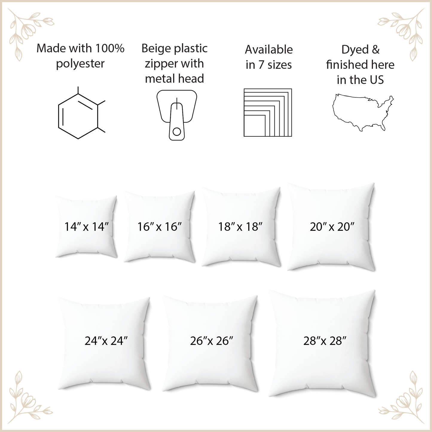 Informational product graphic for square throw pillows showing eight size options from 14x14 to 28x28 inches, with text noting 100% polyester, beige plastic zipper with metal head, available in 7 sizes, and dyed & finished in the US.