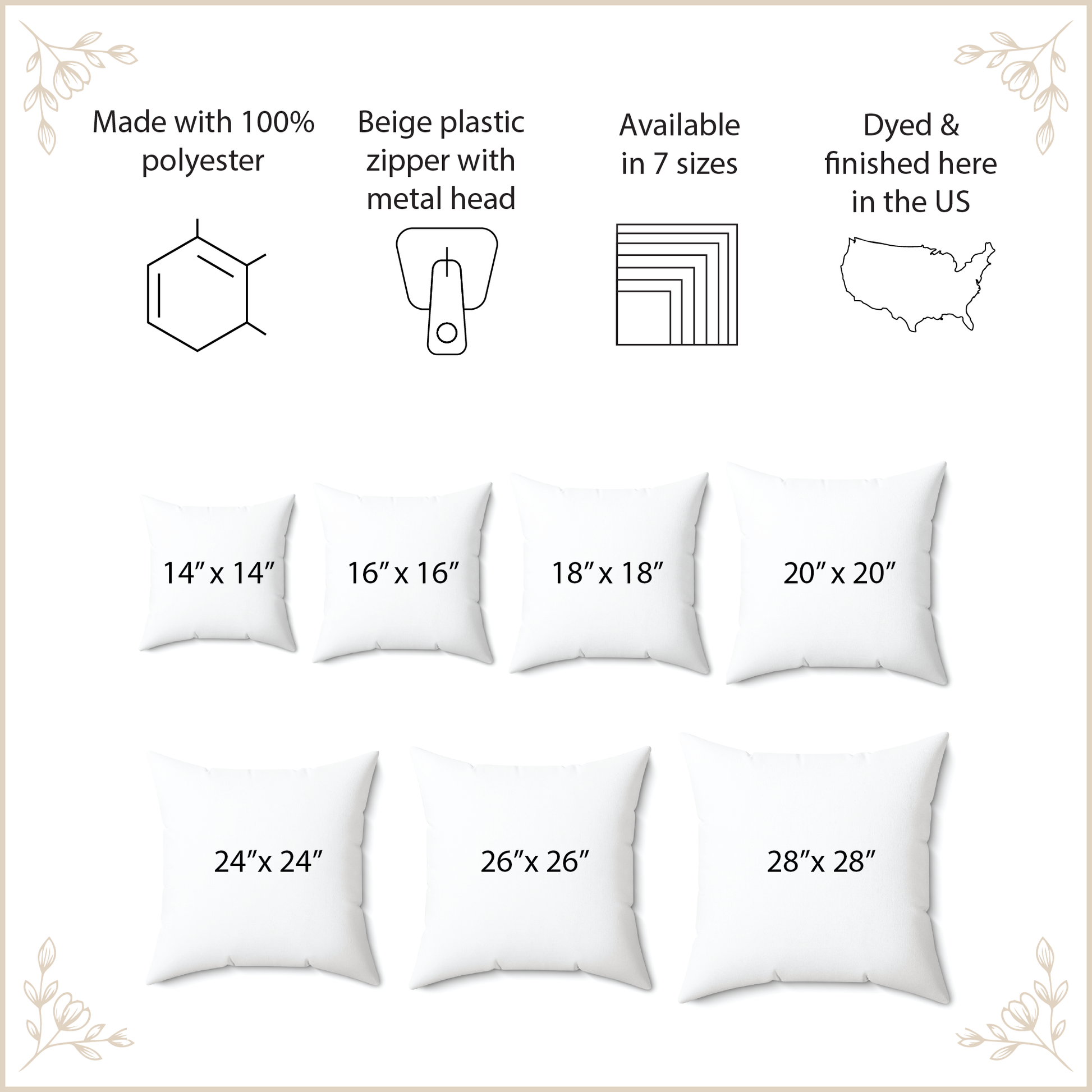Informational product graphic for square throw pillows showing eight size options from 14x14 to 28x28 inches, with text noting 100% polyester, beige plastic zipper with metal head, available in 7 sizes, and dyed & finished in the US.