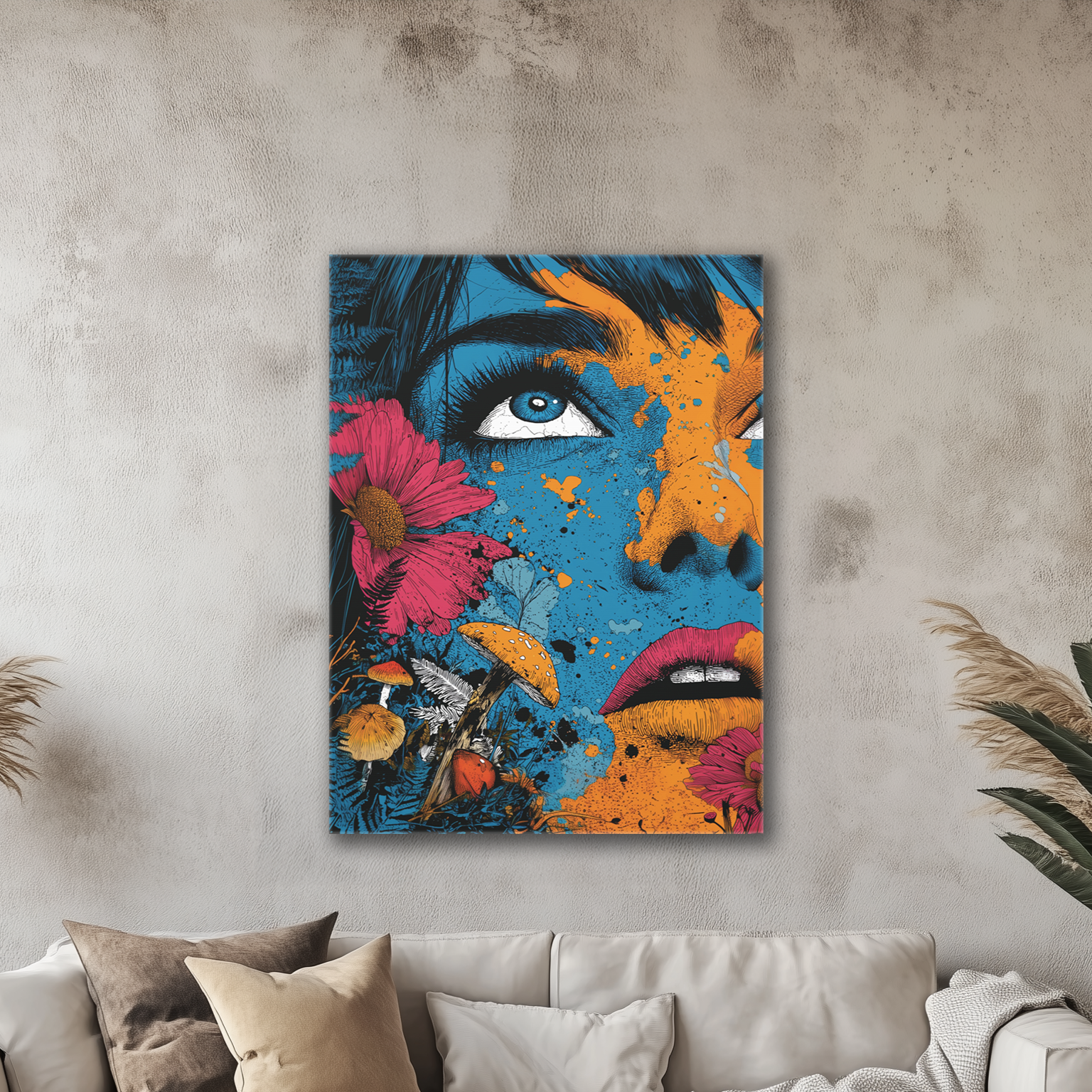 Colorful abstract painting of a face with flowers above a modern living room.