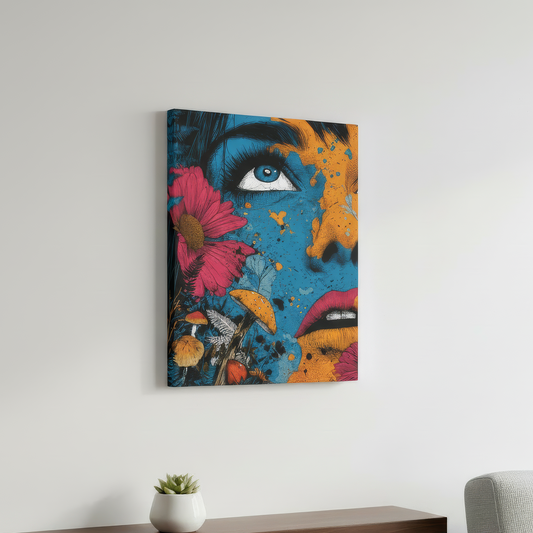 Colorful abstract painting of a face with flowers and butterflies on a white wall above a wooden shelf.